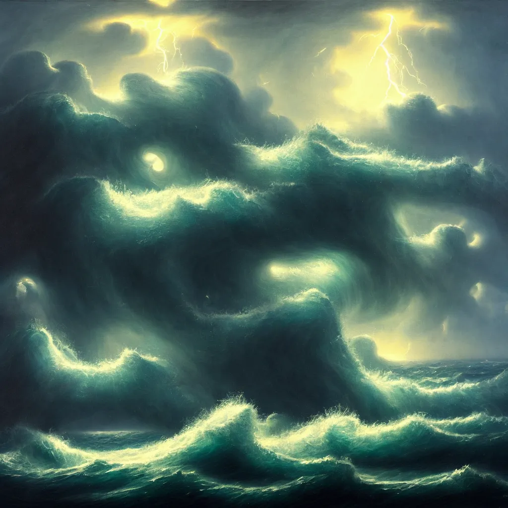 Prompt: a fantasy seascape. subject : giant dark kraken in a stormy sea with a small boat, giant waves, lightning in the background, oil painting, 4 k