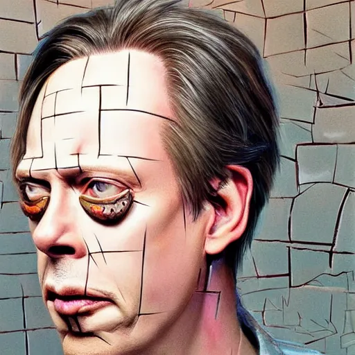 Image similar to hyperrealistic mixed media high resolution painting of (Steve Buscemi) disguised as !!Hellraiser!!, stunning 3d render inspired art by Jamie Salmon and István Sándorfi and Greg Rutkowski, perfect facial symmetry, dim volumetric lighting, 8k octane beautifully detailed render, full body shot, post-processing, extremely hyper-detailed, intricate, epic composition, highly detailed attributes, highly detailed atmosphere, cinematic lighting, masterpiece, trending on artstation, very very detailed, masterpiece, stunning, flawless completion, lifelike texture, perfection,