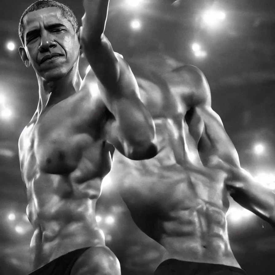 Prompt: award - winning photograph of barack obama as a wrestler, singular, one detailed body, two legs, two arms, one head, promotional picture, very highly detailed, cinematic lighting, spotlights, muscular, photo, sharp, clear