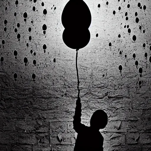 Image similar to down in the sewers of london, dark damp atmosphere, water dripping from the moss covered ceiling, a sinister dark figure is standing at the end of the sewer, a single red balloon with a string attached is floating above the water