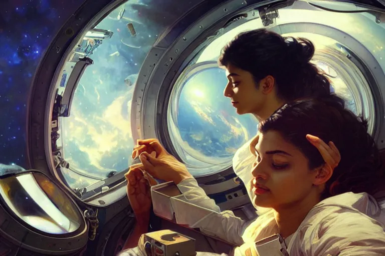 Prompt: Euphoric good looking pale young Indian doctors wearing jeans in a space station above Earth, portrait, elegant, intricate, digital painting, artstation, concept art, smooth, sharp focus, illustration, art by artgerm and greg rutkowski and alphonse mucha