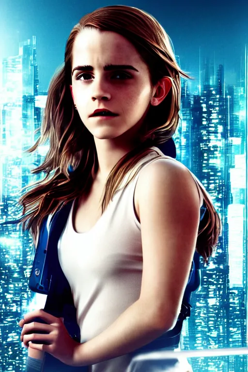 Prompt: Emma Watson, head and shoulders movie poster, the background is a huge futuristic city, cyberpunk style futuristic neon lights, artstation cgsociety masterpiece highly-detailed