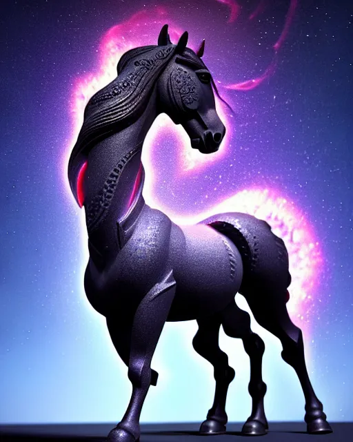 Image similar to 3 d ornate carved dark cosmic horse with profile portrait, sigma 5 0 0 mm f / 5. beautiful intricate highly detailed mongolian horse. bioluminescent, plasma, lava, ice, water, wind, creature, thunderstorm! artwork by tooth wu and wlop and beeple and greg rutkowski, 8 k trending on artstation