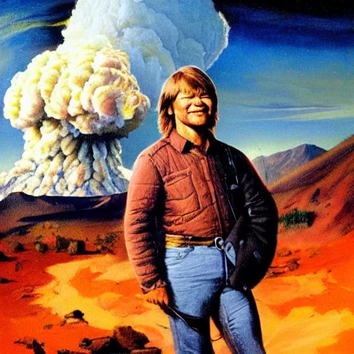 Prompt: ultra realistic portrait painting of john denver in west virginia with a nuclear explosion in the background,, art by frank frazetta, 4 k, ultra realistic, highly detailed, epic lighting