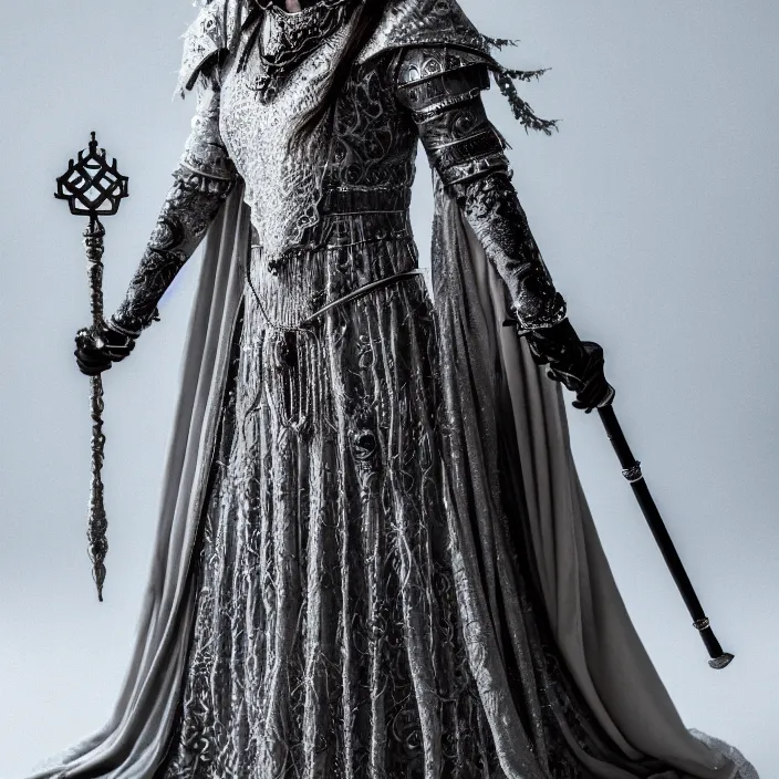 Image similar to photograph of a real-life beautiful moon witch with intricate silver robes and staff. Extremely detailed. 8k