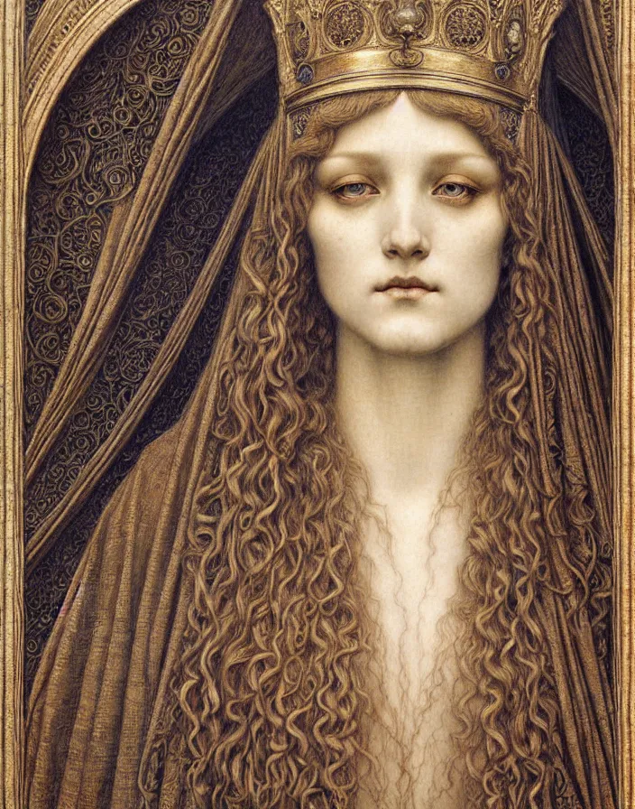 Image similar to detailed realistic beautiful young medieval queen face portrait by jean delville, gustave dore and marco mazzoni, art nouveau, symbolist, visionary, gothic, pre - raphaelite. horizontal symmetry