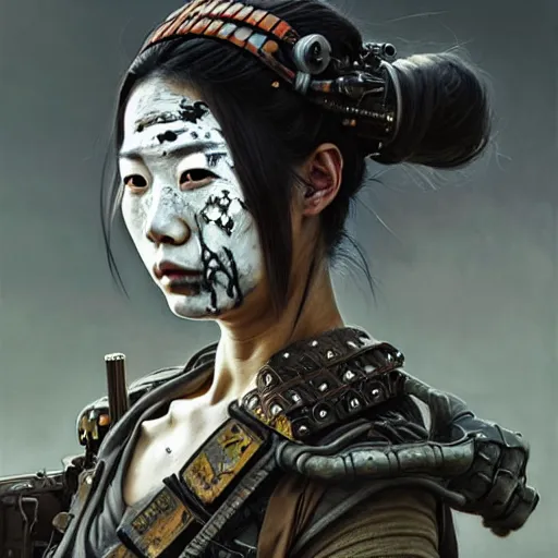 Prompt: portrait painting of a post - apocalyptic japanese lady with warpaint on her face wearing scrap samurai armor, ultra realistic, concept art, intricate details, eerie, highly detailed, photorealistic, octane render, 8 k, unreal engine. art by artgerm and greg rutkowski and charlie bowater and magali villeneuve and alphonse mucha
