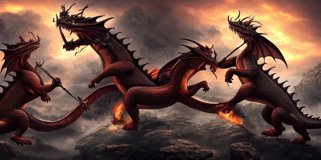Prompt: dragons fighting in a historical battle, 8k