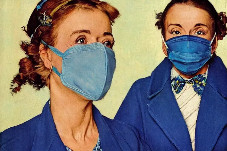 Image similar to portrait of a woman! wearing a jacket!!! wearing a chirurgical blue!!! mask, happy, norman rockwell!