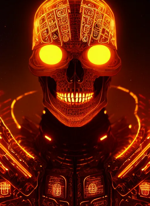 Image similar to extreme close up, portrait of a cyber skeleton, glowing runes surrounding, armor made of glowing runes, intricate, elegant, glowing lights, highly detailed, digital painting, artstation, concept art, smooth, sharp focus, illustration, art by wlop, mars ravelo and greg rutkowski