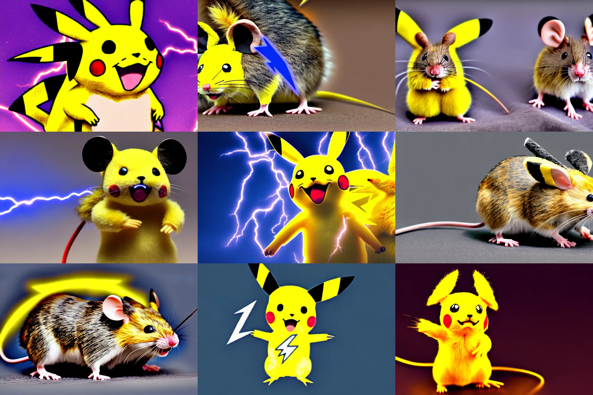 Prompt: a photo of a mouse with pikachu - colored fur and lightning bolts coming out of its cheeks