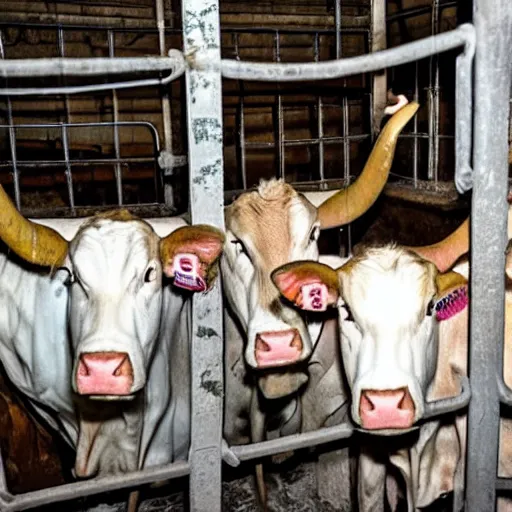 Image similar to inmates with cow heads inside a jailcell