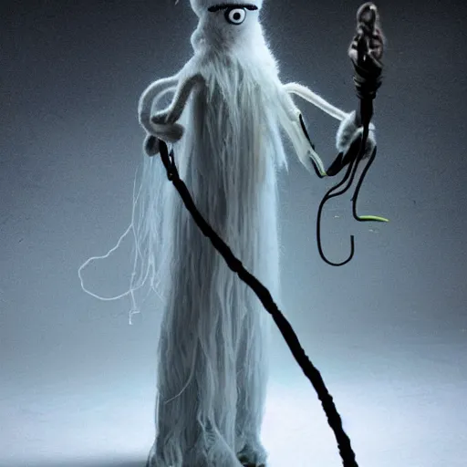 Image similar to ethereal ghostly live action muppet wraith like figure with a parasitic squid head with two very long tentacles for arms that flow gracefully at its sides with a long fuzzy snake tail body, it stalks around the frozen tundra searching for lost souls and that hide in the shadows in the trees, this character uses hydrokinesis and electrokinesis, it is a real muppet by sesame street, photo realistic, real, realistic, felt, stopmotion, photography, sesame street