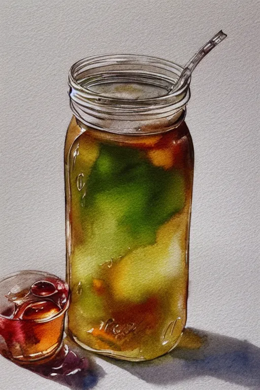 Image similar to Ice Tea in a mason jar, Watercolor, photorealistic, high resolution, award winning, trending on artstation, art by artgerm