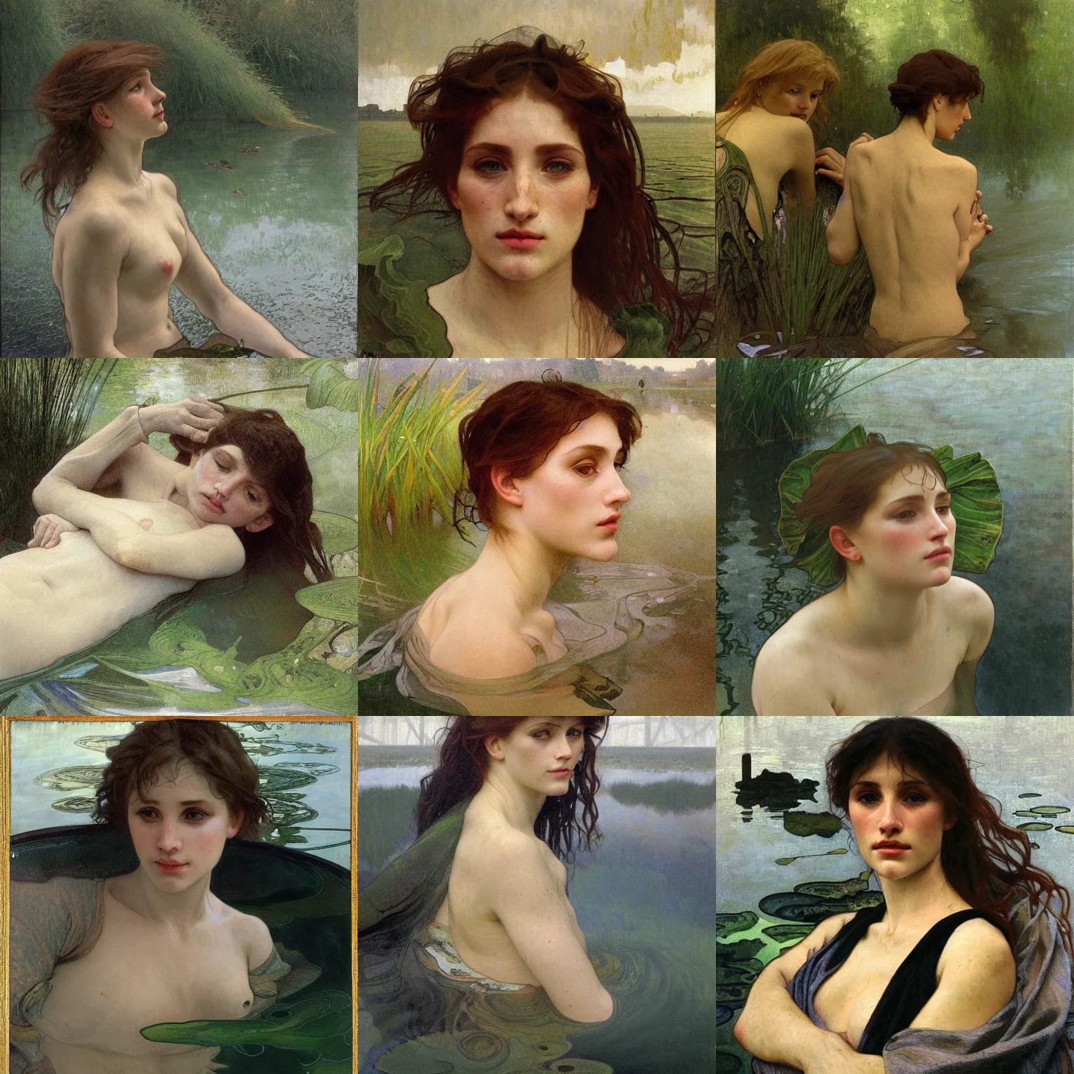 Prompt: hyperrealist portrait in a river, half body, dark green water, wet algae, by alphonse mucha and lucian freud and bouguereau, foggy twilight lighting, very detailed faces