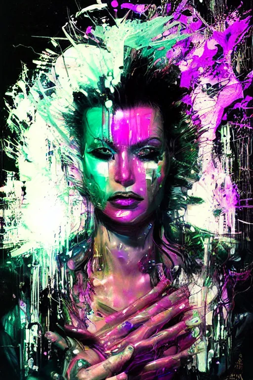 Prompt: portrait, headshot, digital painting, an delightfully mad techno - shaman lady, wink, synthwave, glittery reaction diffusion pattern, glitch, fracture, realistic, hyperdetailed, dripping, chiaroscuro, concept art, art by john berkey