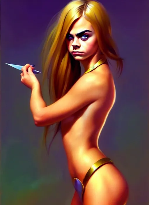 Image similar to portrait of cute young cara delevingne as a slightly chubby amazon girl, full body, painted by stanley artgerm, boris vallejo, fantasy art, sleek curves, sharp focus, trending on artstation hq, deviantart