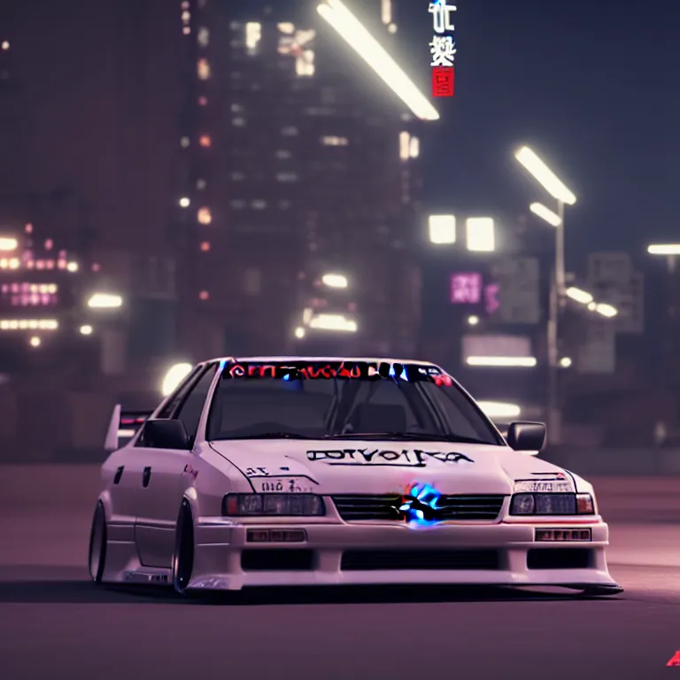 Image similar to Toyota JZX90 Drift, detailed-wheels, Shibuya prefecture, cinematic lighting, photorealistic, night photography, octane render