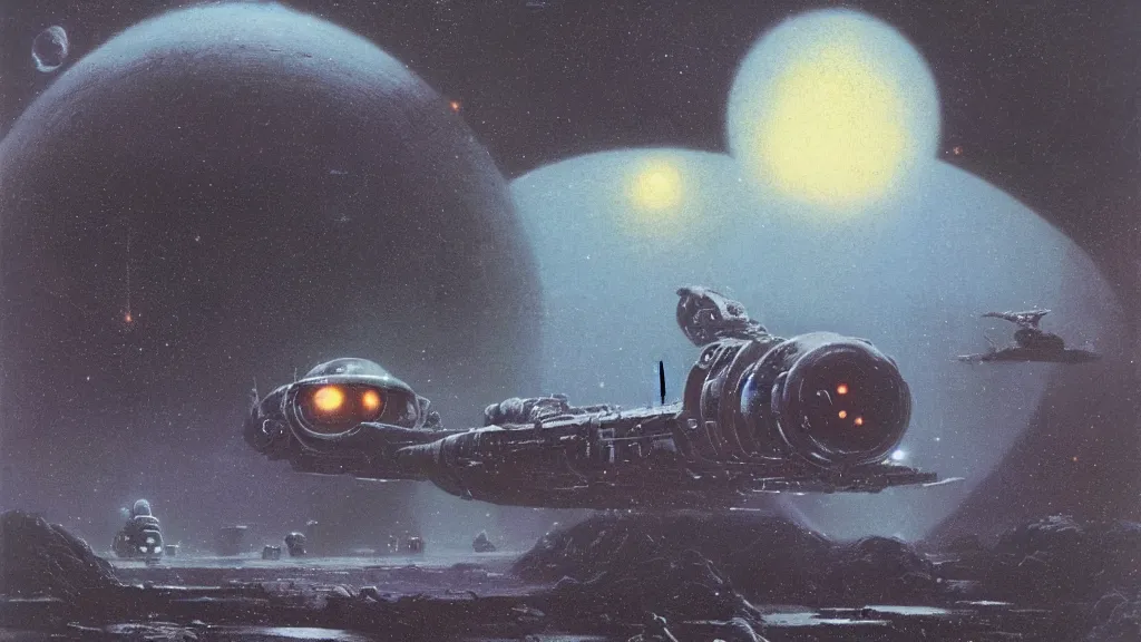 Image similar to eerie atmospheric alien planet with a small dropship pod landing by paul lehr and jack gaughan and john schoenherr, epic cinematic matte painting