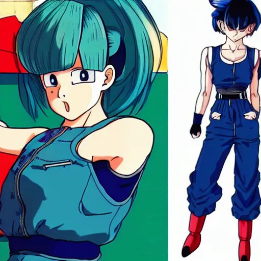 Image similar to a beautiful! boyish! natalie portman bulma from dragonball, alluring gravure! model, wearing hip hop mayan bomber jacket and leotard with native style overalls, bulky poofy bomber jacket with mayan patterns, guilty gear art style, trending on pixiv, painted by makoto shinkai takashi takeuchi studio ghibli, akihiko yoshida