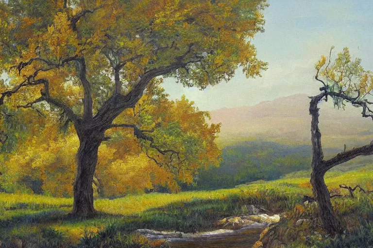 Image similar to masterpiece painting of oak trees on a hillside overlooking a creek, by marion wachtel