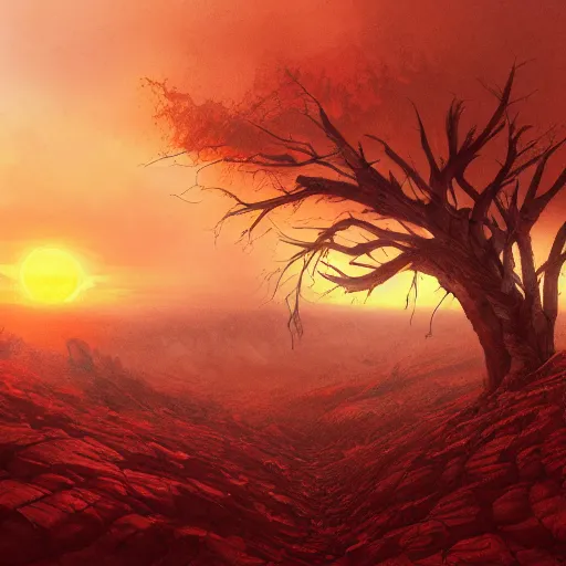 Image similar to Epic portrait doomsday earth full of dead trees and wasteland desert, red sky, red giant sun in front, blurred background, digital painting, artstation, concept art, soft light, hdri, smooth, sharp focus, illustration, fantasy, intricate, elegant, highly detailed, D&D, matte painting, in the style of Greg Rutkowski and Alphonse Mucha and artemisia, 8k, highly detailed, jurgens, rutkowski, bouguereau, pastoral, rustic, georgic