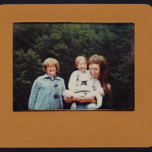 Image similar to family portrait of very happy creepy ugly realistic family, lake mountain landscape , family laughter, hyper detailed realistic polaroid 1975