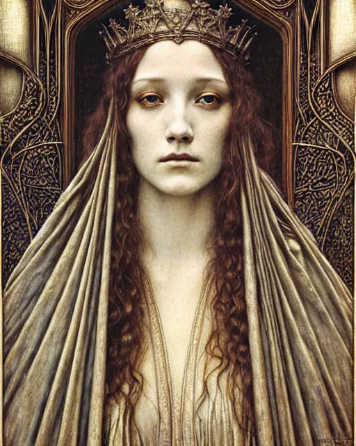 Image similar to detailed realistic beautiful young medieval queen face portrait by jean delville, gustave dore and marco mazzoni, art nouveau, symbolist, visionary, gothic, pre - raphaelite. horizontal symmetry