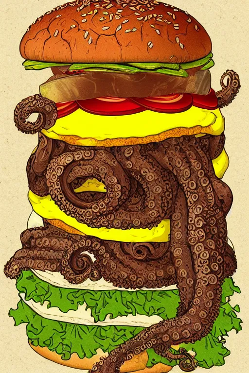 Image similar to illustration of a an octopus inside a cheeseburger, highly detailed, 8 k, vintage, screen print, trending on artstation