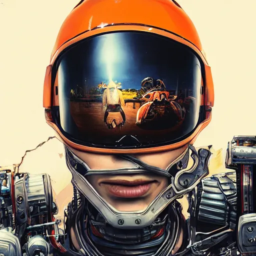 Image similar to a portrait of a monster, in an orange racing helmet by sandra chevrier, detailed render, epic composition, cybernetics, 4 k realistic, cryengine, realistic shaded lighting, sharp focus, masterpiece, by matteo scalera, gary montalbano, peter elson in the style of the tokyo ghost comic