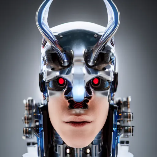 Prompt: professional studio photography of a cyborg demon, balanced lighting, xf iq 4, f / 1. 4, iso 2 0 0, 1 / 1 6 0 s, 8 k, raw, unedited, symmetrical balance, in - frame