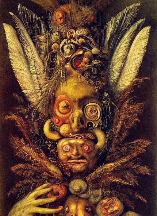 Prompt: a surreal painting of a shaman's face, by Giuseppe Arcimboldo, angels & demons, symbolist, soft colors, dramatic lighting, smooth, sharp focus, extremely detailed, aesthetically pleasing composition