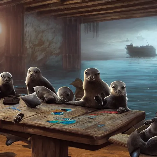 Image similar to a group of seals pups sitting around a table, playing dnd, cinematic lighting, trending on artstation, focused, detailed