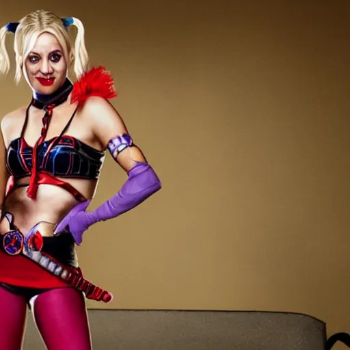 Image similar to A still of Kaley Cuoco as Harley Quinn