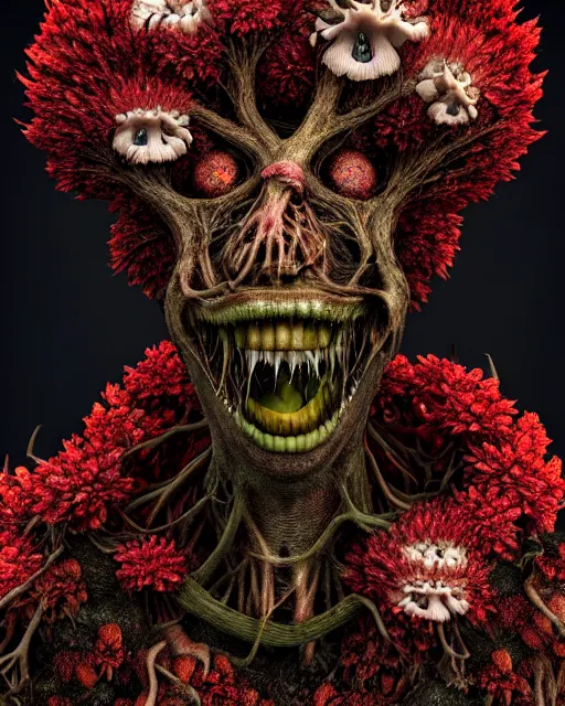 Image similar to a disturbing horror photograph of a fantasy creature made out of nature and flowers and fungus, intricate, hyperrealism, sharp focus, cinematography, highly detailed, octane render, digital horror cgi 4 k, matte, photograph by professional photographer