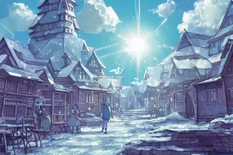 Image similar to cell shaded anime key visual of a fantasy city in the tundra, snowy, in the style of studio ghibli, moebius, makoto shinkai, dramatic lighting