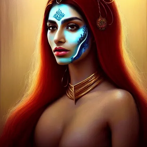 Prompt: Beautiful portrait of a Persian Princess who is an architect, beautiful princess, face painting, architecture, persian style architecture, beautiful body, attractive, babe, dramatic lighting, intricate, wild, highly detailed, digital painting, artstation, concept art, smooth, sharp focus, illustration, black+velvet+red+Turquoise, dark, art by artgerm and greg rutkowski and alphonse mucha, footage from space camera