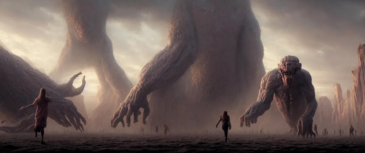 Image similar to people running terrified of the giant monster in the background, high detail, 8k, ornate, dark fantasy, realistic, masterpiece, Trending on art station, complex, WLOP, film still from the movie directed by Denis Villeneuve with art direction by Alex Grey, Greg Rutkowski