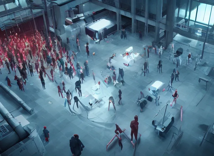 Image similar to crowd of working citizens connected to a single billionaire for blood transfusion via catheters, DSLR 35mm, by WLOP and Aleksandr Deyneka and Andrei Popov, Unreal Engine 5, Lumen, Nanite