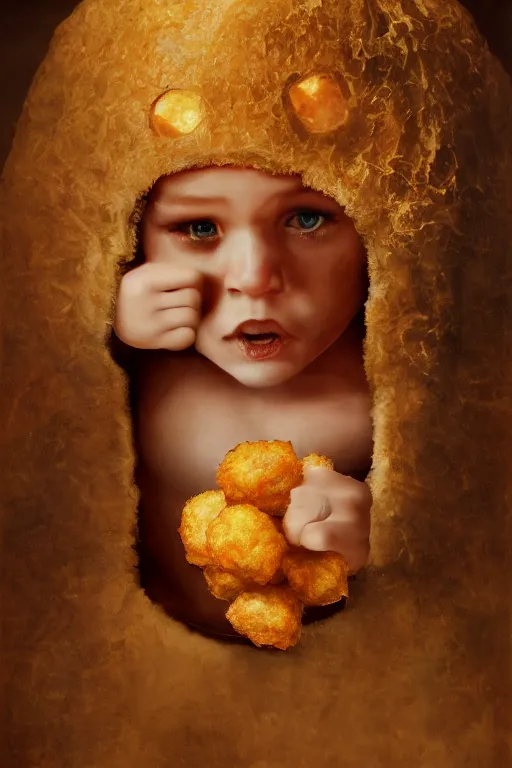 Image similar to channing tatum in a tater tot costume, oil on canvas, intricate, portrait, 8 k highly professionally detailed, hdr, cgsociety