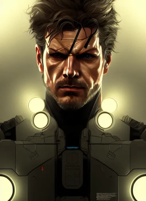 Image similar to symmetry!! portrait of solid snake, metal gear solid, tech wear, glowing lights!! intricate, elegant, highly detailed, digital painting, artstation, concept art, smooth, sharp focus, illustration, art by artgerm and greg rutkowski and alphonse mucha