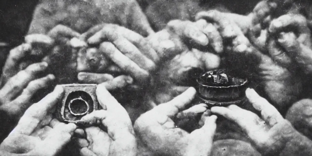 Image similar to creepy photo of people in the 1930\'s holding a ritual around a small black stone, 70mm film, old film, found film, scary, ominous, disturbing