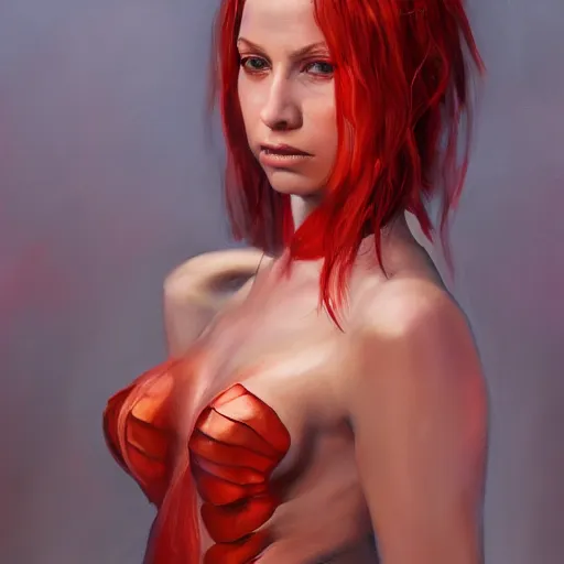 Image similar to a portrait of an intensely lit scolopendra girl modeling, red, oil painting, pale colors, high detail, 8 k, wide angle, trending on artstation,