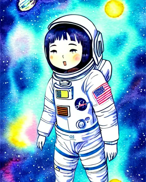 Image similar to oriental water color of a cute thicc female astronaut, floating through space, backlit, realistic anime