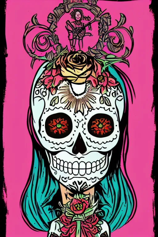 Prompt: illustration of a sugar skull day of the dead girl, art by mike mignola