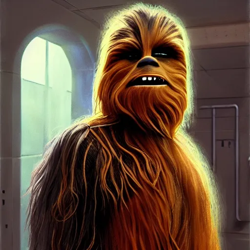 Image similar to chewbacca in a medical gown in an underground laboratory, vivid color, highly detailed, digital painting, artstation, concept art, matte, sharp focus, impressionnisme, art by edward robert hughes