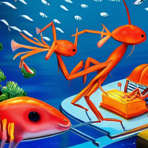 Prompt: two giant ants playing the grand piano in the middle of the ocean with colorful fish applauding, highly detailed