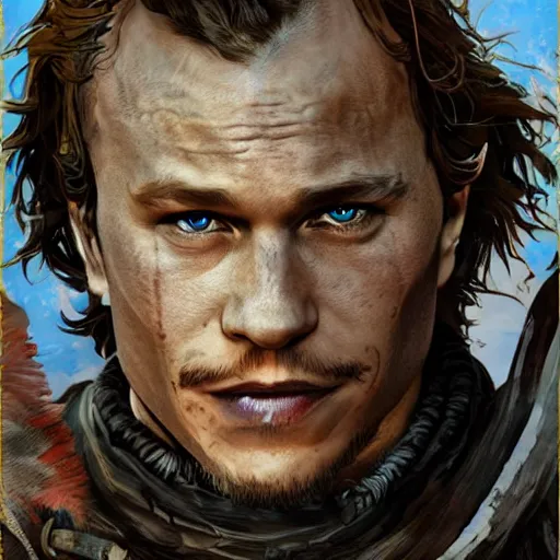 Prompt: heath ledger in the art style of breath of the wild, grimdark dramatic lighting, digital art, intricate, highly detailed, matte painting, fine art
