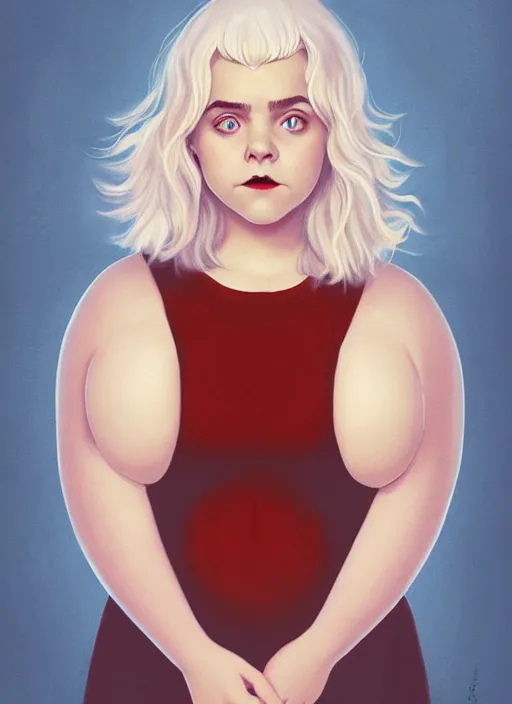 Image similar to full body portrait, kiernan shipka as sabrina spellman, white hair, obese, bangs, sultry, realistic, sultry smirk, fluffy bangs, curly bangs, fat, belly, intricate, elegant, highly detailed, digital painting, artstation, concept art, smooth, sharp focus, illustration, art by wlop, mars ravelo and greg rutkowski