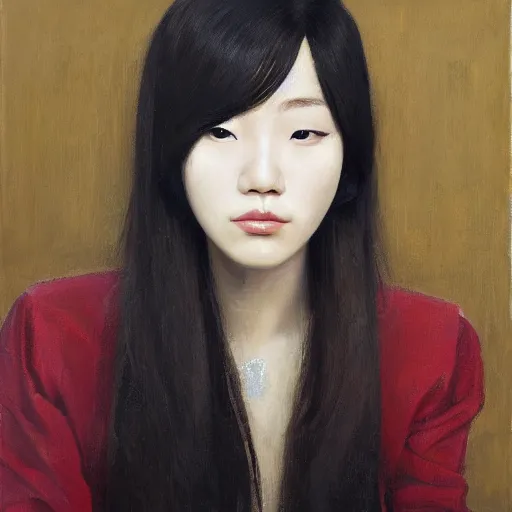 Image similar to portrait of a beautiful korean girl with long hair and bangs wearing a men's tuxedo, angular features, oil on canvas, elegant pose, masterpiece, Jonathan Yeo painting